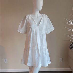A New Day Flutter Short Sleeve Tiered Poplin Minidress V Neck white .
